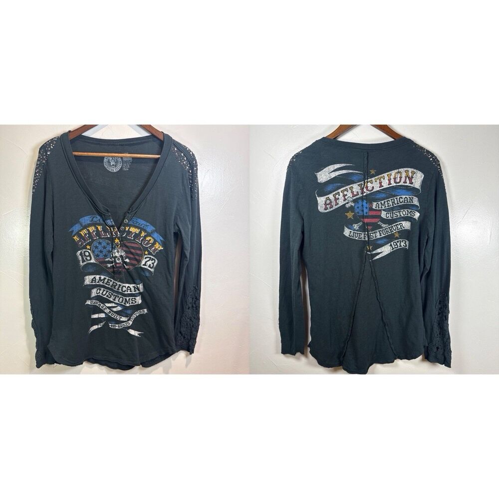 Affliction Shirt Long Sleeve Dark Green Women's Size Large Skull Studs Goth